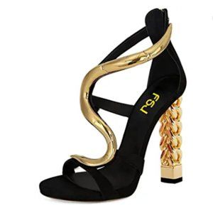FSJ Flower Gold Metal Chain Chunky High Heels Ankle Strap Sandals this fits a 7